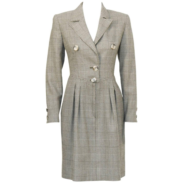 1980's Valentino Brown Glen Check Wool Dress For Sale at 1stDibs