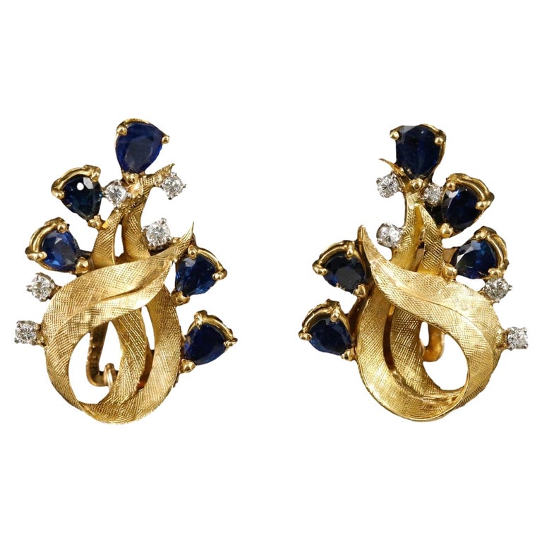 Stunning Vintage 14K Gold Sapphire and Diamond Clip On Earrings (GH / VS1VS2) For Sale at 1stDibs