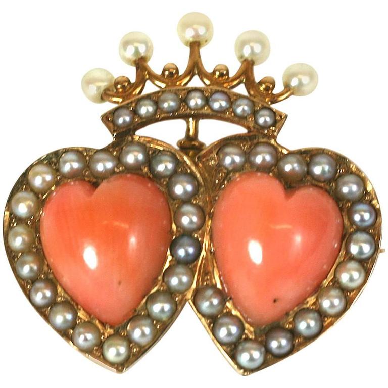 Victorian Double Coral Heart and Crown Brooch/Pendant at 1stDibs