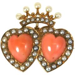 Victorian Double Coral Heart and Crown Brooch/Pendant