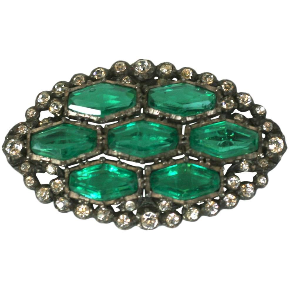 Faux Emerald Art Deco Paste Brooch For Sale