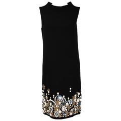 Oscar De La Renta Black Wool Cocktail Dress with Gem Embroidery size 6