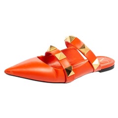 Valentino Orange Leather Roman Stud Flat Mules Size 39