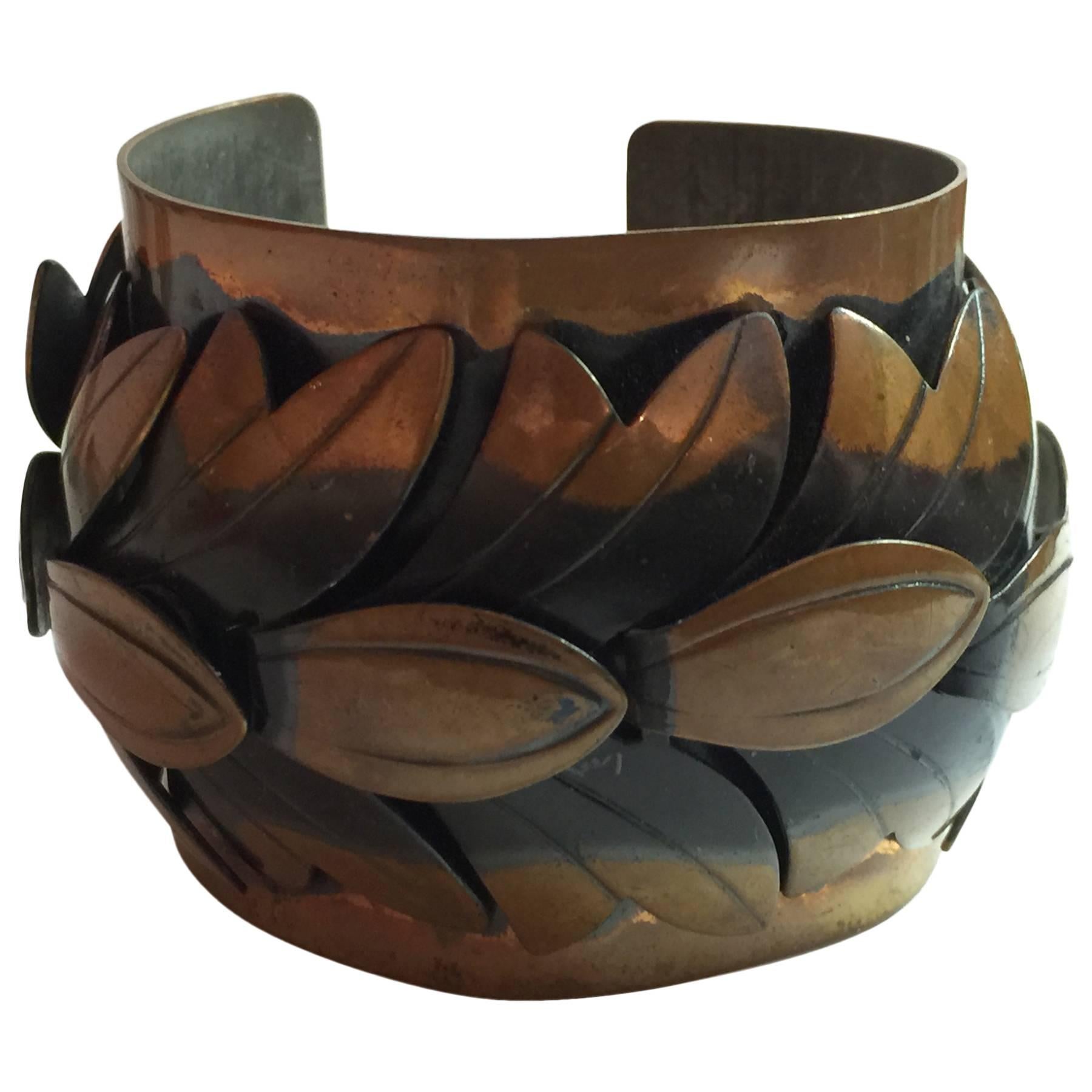 1950s REBAJES Copper WIDE Cuff Bracelet Stylized Leaves Bronze Tone For Sale