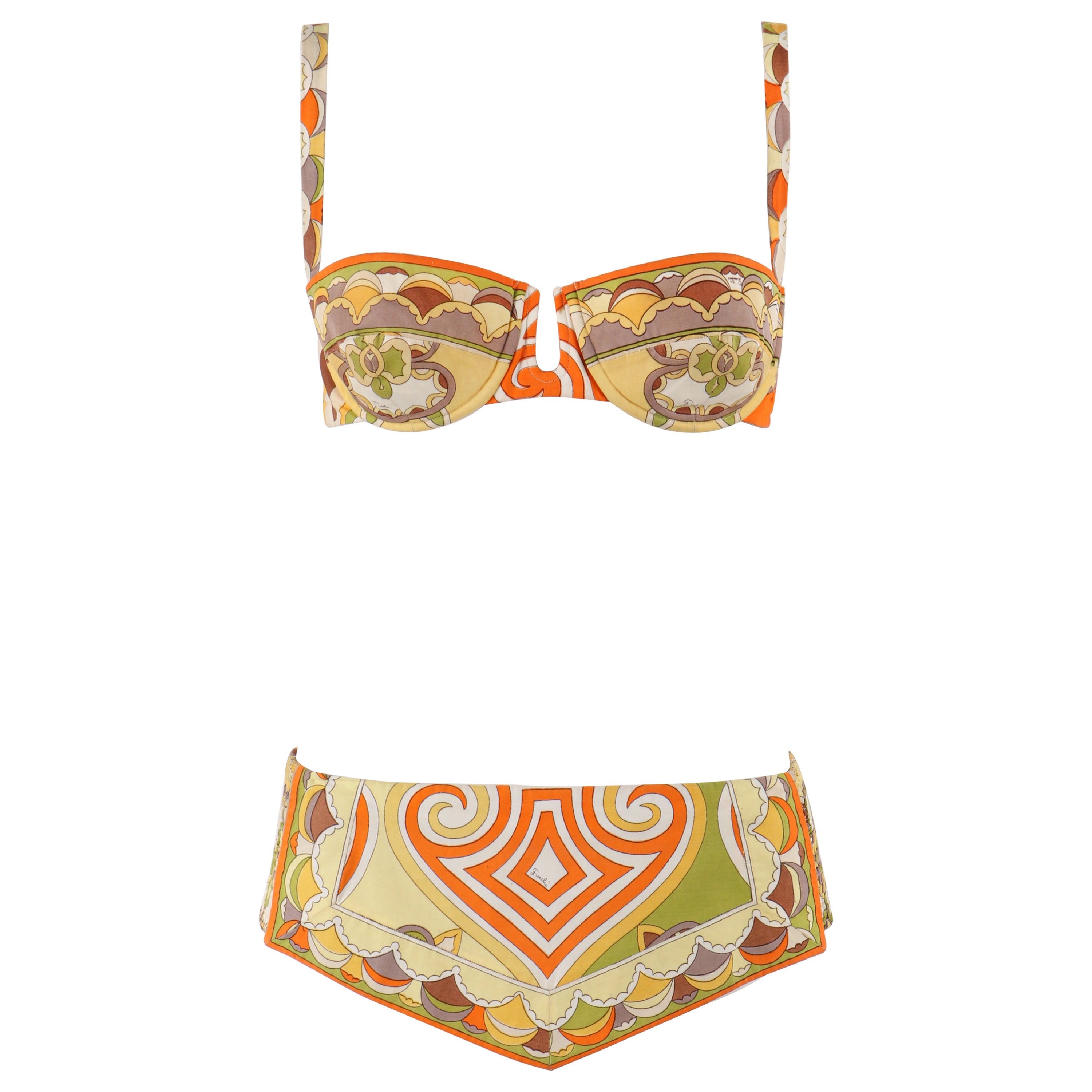 EMILIO PUCCI um 1960 Zweiteiliger orange-gelb-grüner Bikini-Badeanzug mit Muscheldruck im Angebot
