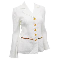 Vintage Gemma Kahng White linen Blazer with flower buttons