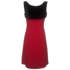 Moschino Cheap and Chic Black and Red Velvet Top Sleeveless Pom Pom Dress 1990s 