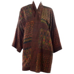 Vintage Rust Olive Green Red Silk Mixed Ikat Pattern Short Kimono Jacket
