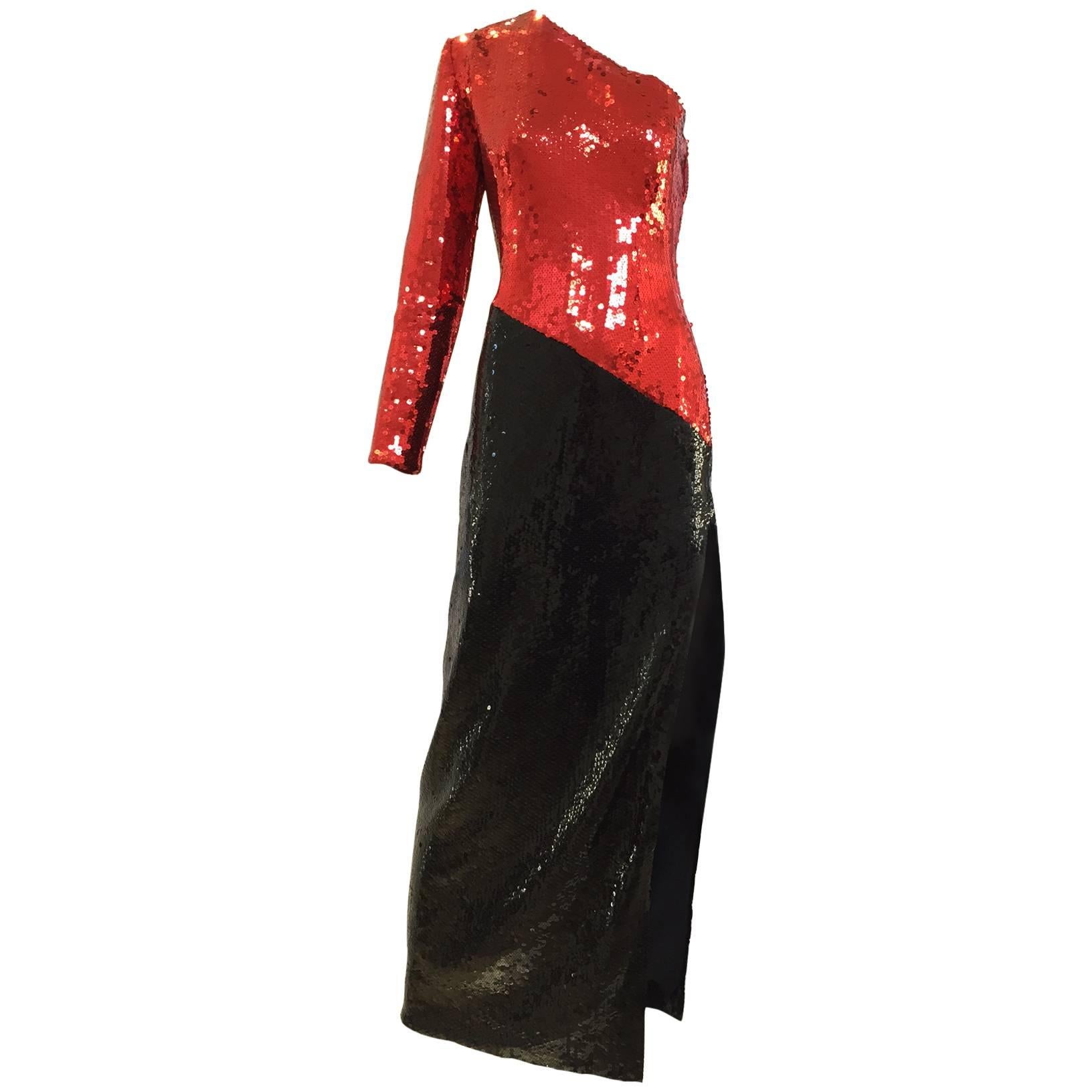 Vintage 1980s Bill Blass Red and Black One Shoulder Sequin Gown