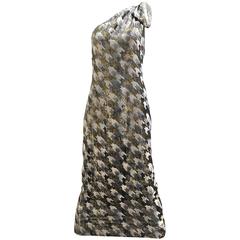1970s Mollie Parnis Grey Metallic Velvet One Shoulder Gown 9