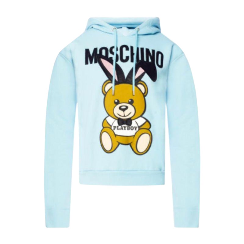 Moschino Couture Jeremy Scott Teddybär Playboy Blaues Sweatshirt mit Kapuze und 3D- Pompo