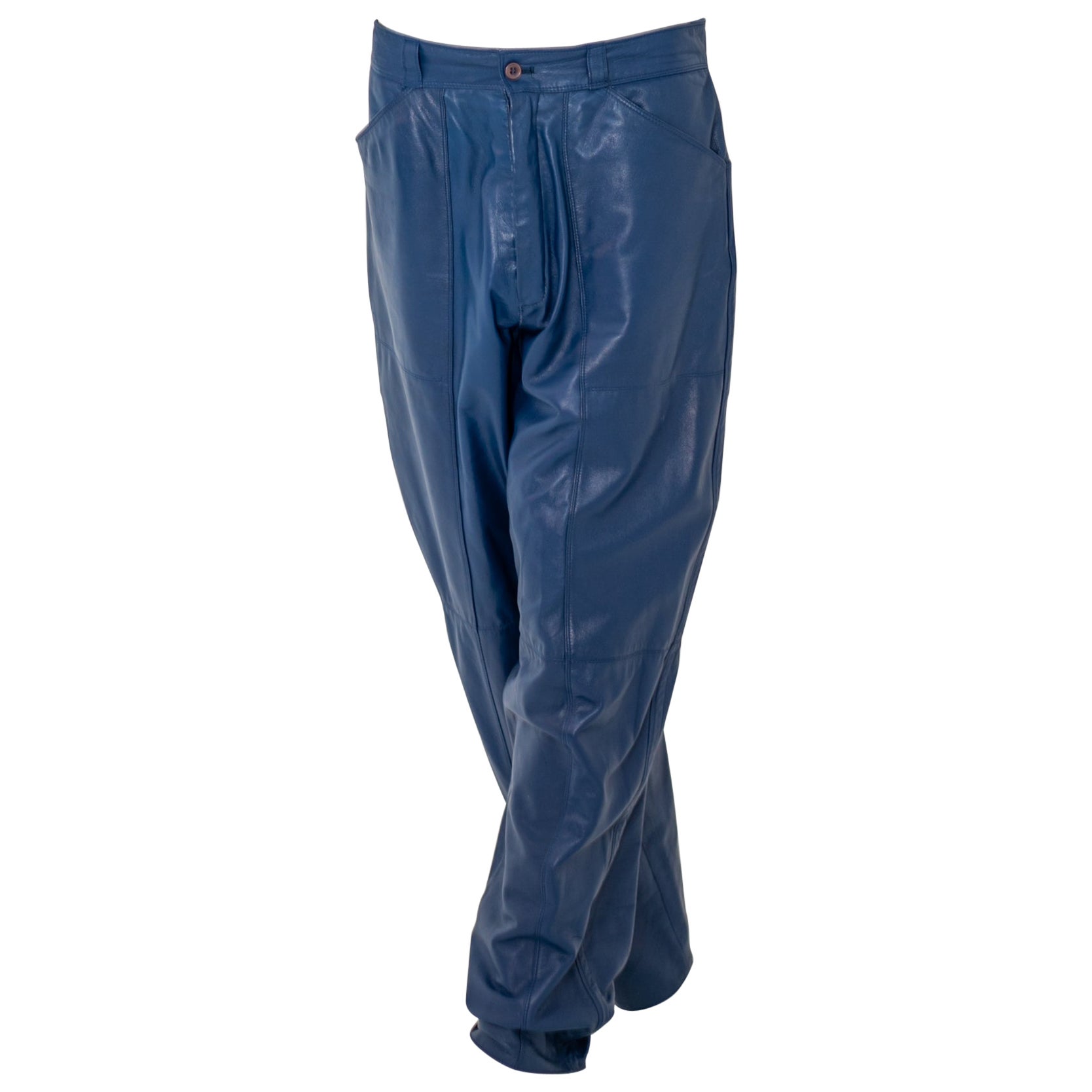 Gianni Versace Pantalon taille basse en cuir bleu