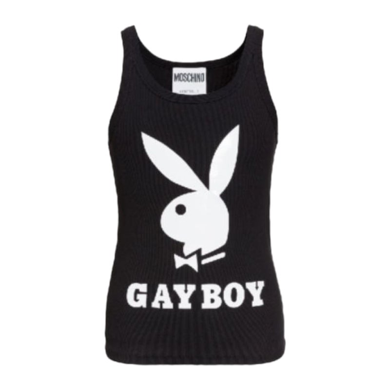 MSRP AW19 Moschino Couture Jeremy Scott Playboy Gayboy Black Slim Tank Top For Sale