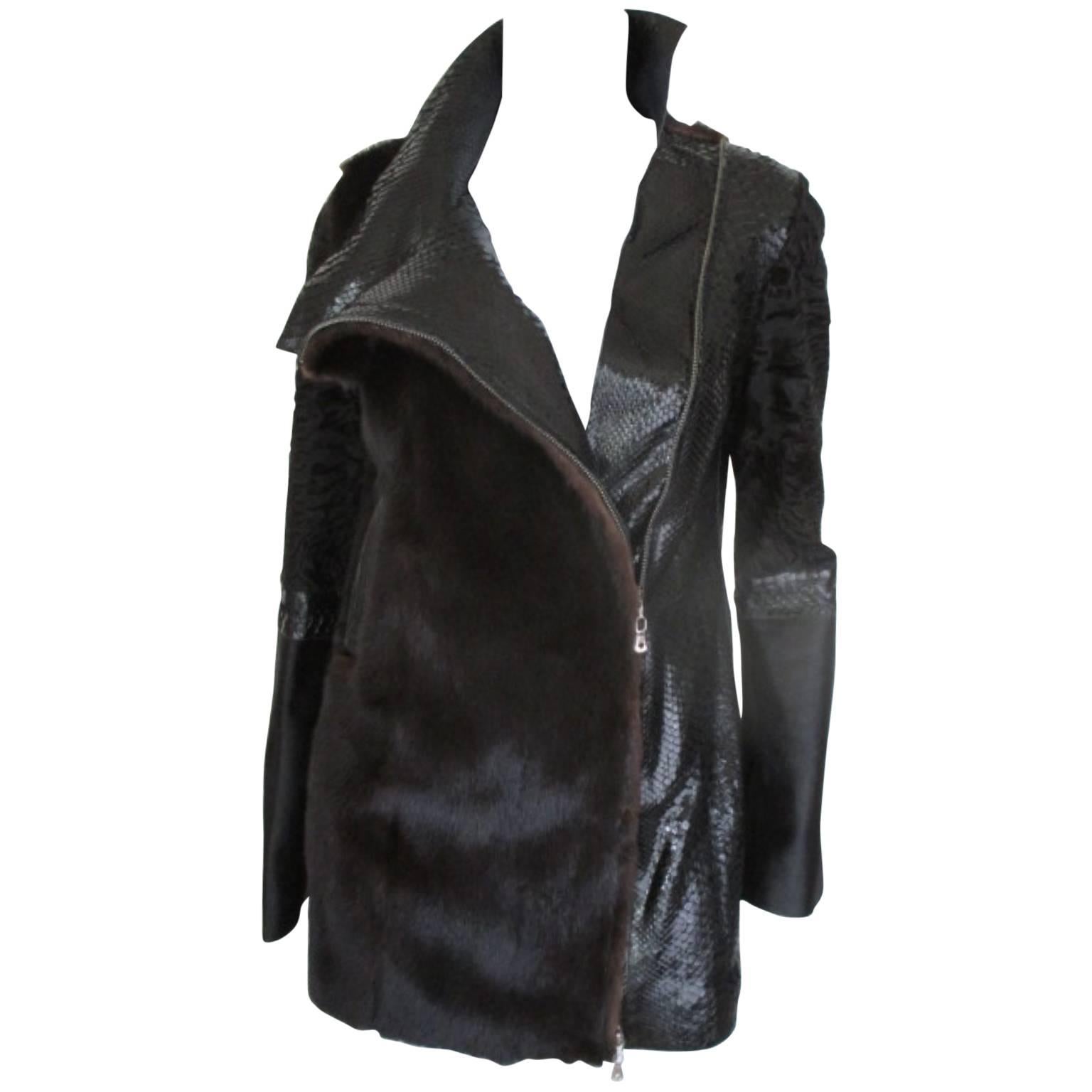 black snake leather mink / persian lamb fur coat