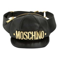 AW20 Moschino Couture Jeremy Scott Black Leather Hat Shaped Fanny Pack Gold Logo