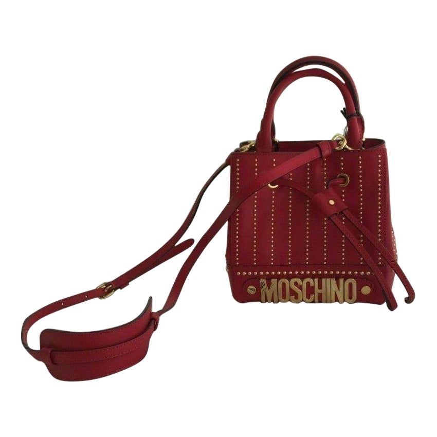 SS17 Moschino Couture Jeremy Scott Gold Studded Red Leather Bucket Bag For Sale