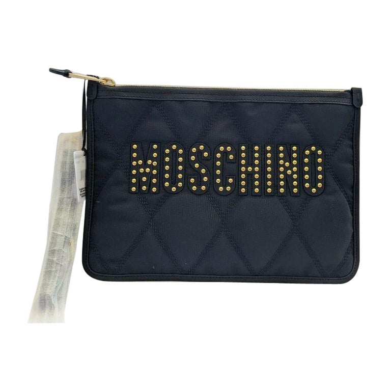SS20 Moschino Couture Jeremy Scott Black Nylon Clutch With Gold Studded Logo For Sale