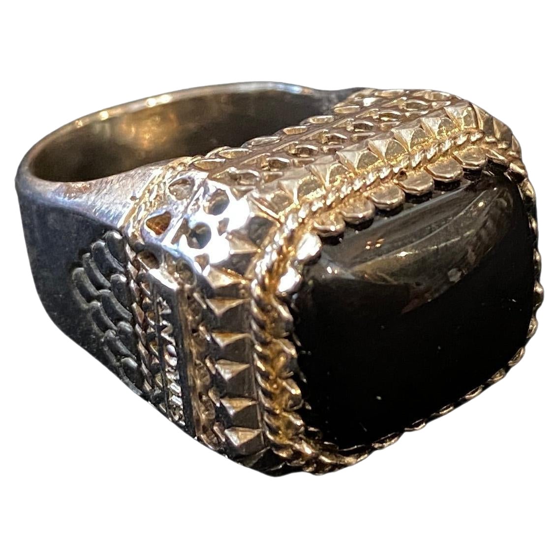 1990s Sterling Silver and Black Cabochon Onyx Italian Cocktail Ring by Anomis