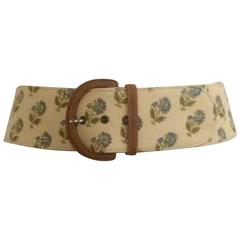 Oscar de la Renta Natural Cream Canvas Covered Leather Belt Blue Floral Print