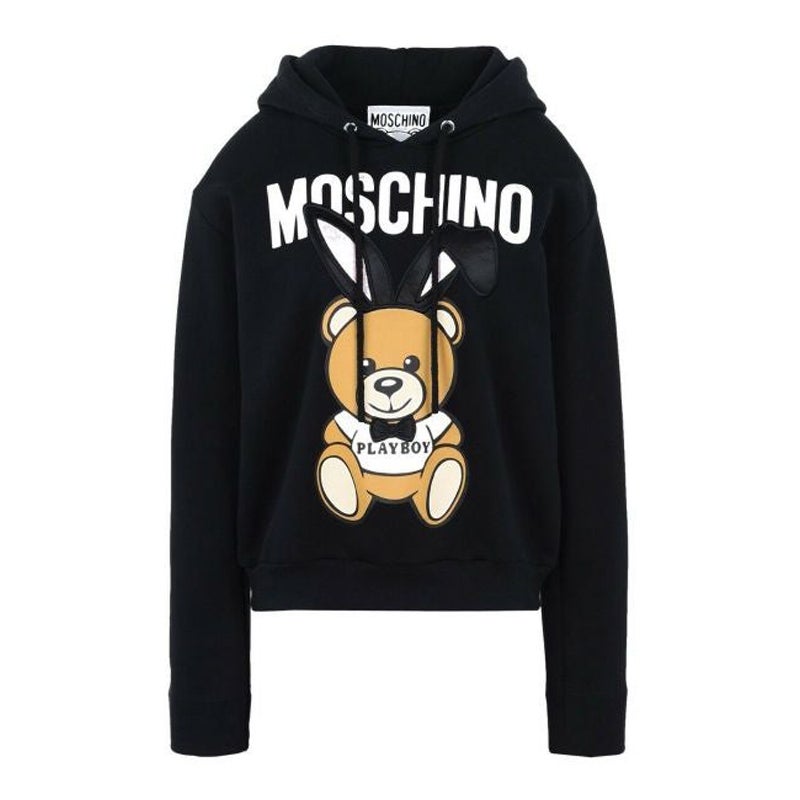 Sweat-shirt noir à capuche Playboy Moschino Couture x Jeremy Scott Teddy Bear SS18 en vente