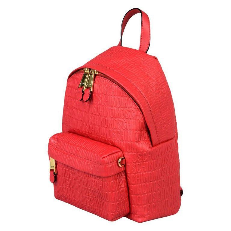 SS17 Moschino Couture Jeremy Scott Red Leather Backpack Wall Over Embossed Logo For Sale