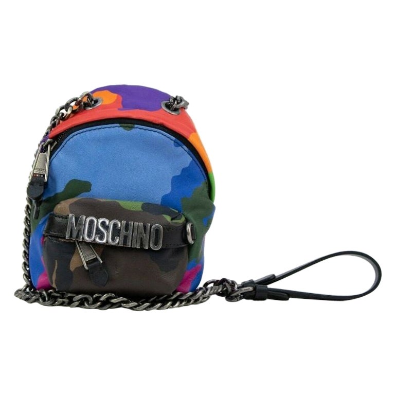 AW17 Moschino Couture Jeremy Scott Green Purple Camouflage Leather Mini Backpack For Sale