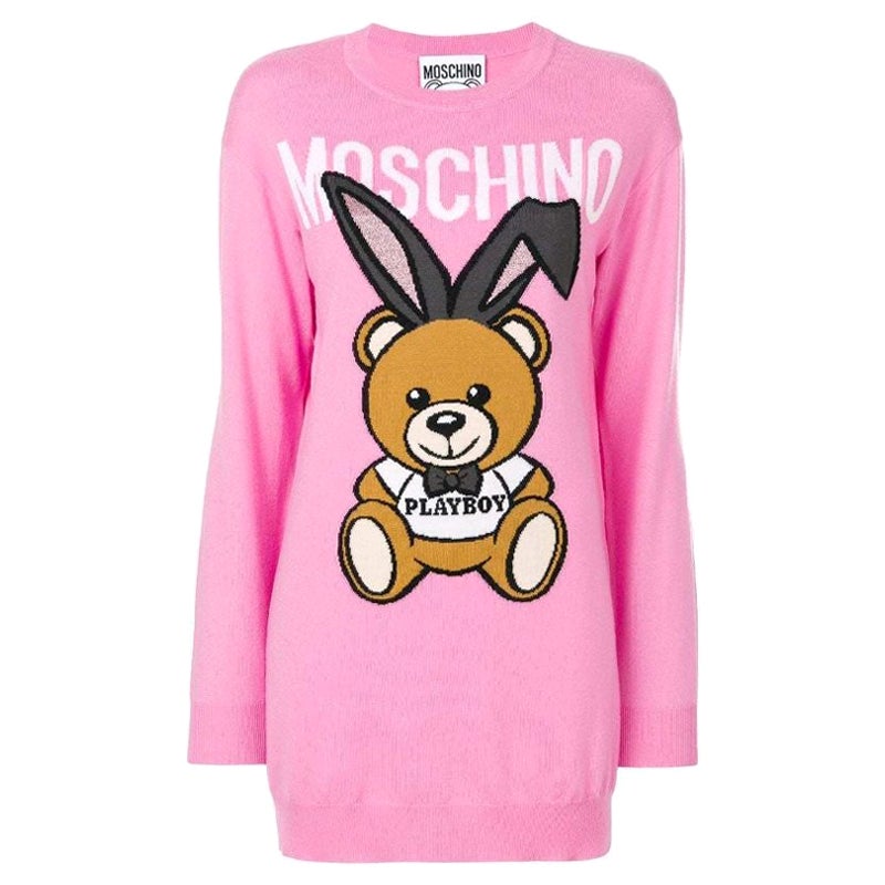 SS18 Moschino Couture Jeremy Scott Playboy Teddy Bear Pink Sweater Mini Dress  For Sale