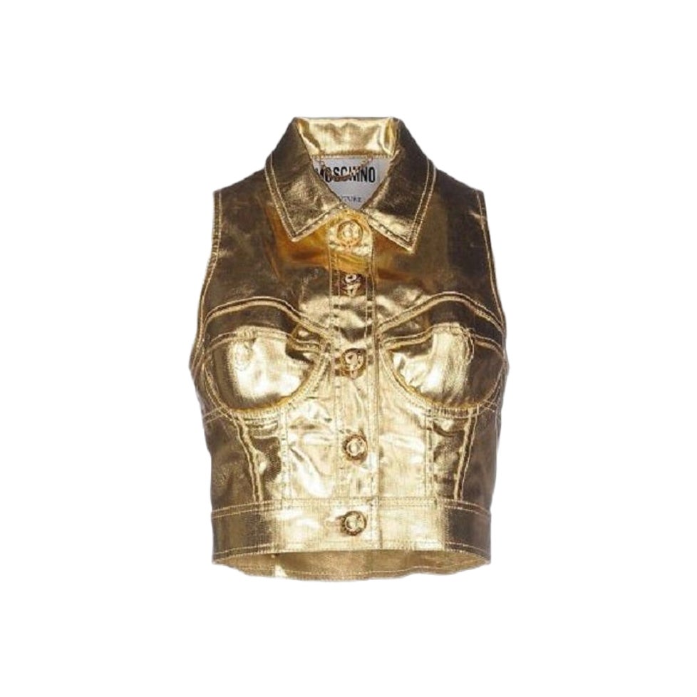 SS15 Barbie Moschino Couture x Jeremy Scott Gold Lamé Buttoned Collar Top It 40 For Sale