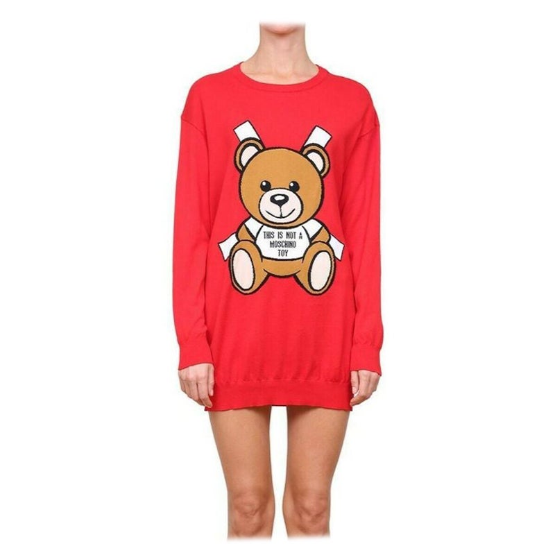 SS17 Moschino Couture Jeremy Scott Teddy Bear Paper Doll Red Intarsia Dress For Sale