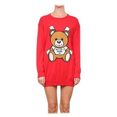 Used SS17 Moschino Couture Jeremy Scott Teddy Bear Paper Doll Red Intarsia Dress