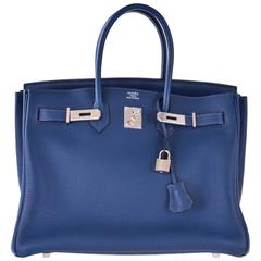 Hermes 35cm Birkin Bag Blue De Prusse Togo palladium hardware JaneFinds