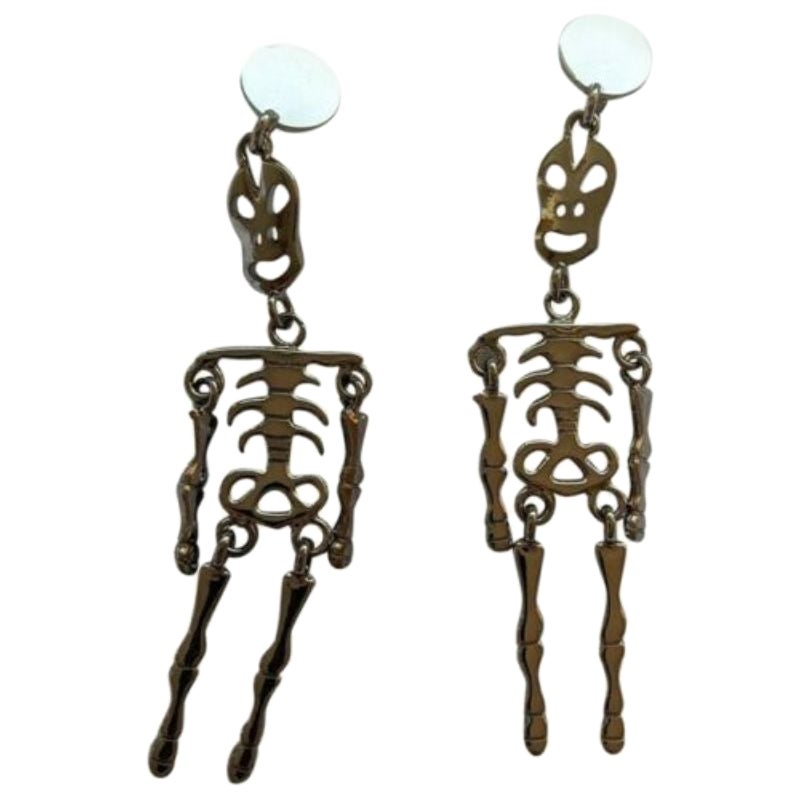 SS20 Moschino Couture Jeremy Scott Skeleton Silver Clip on Earrings 'Trick/Chic' For Sale
