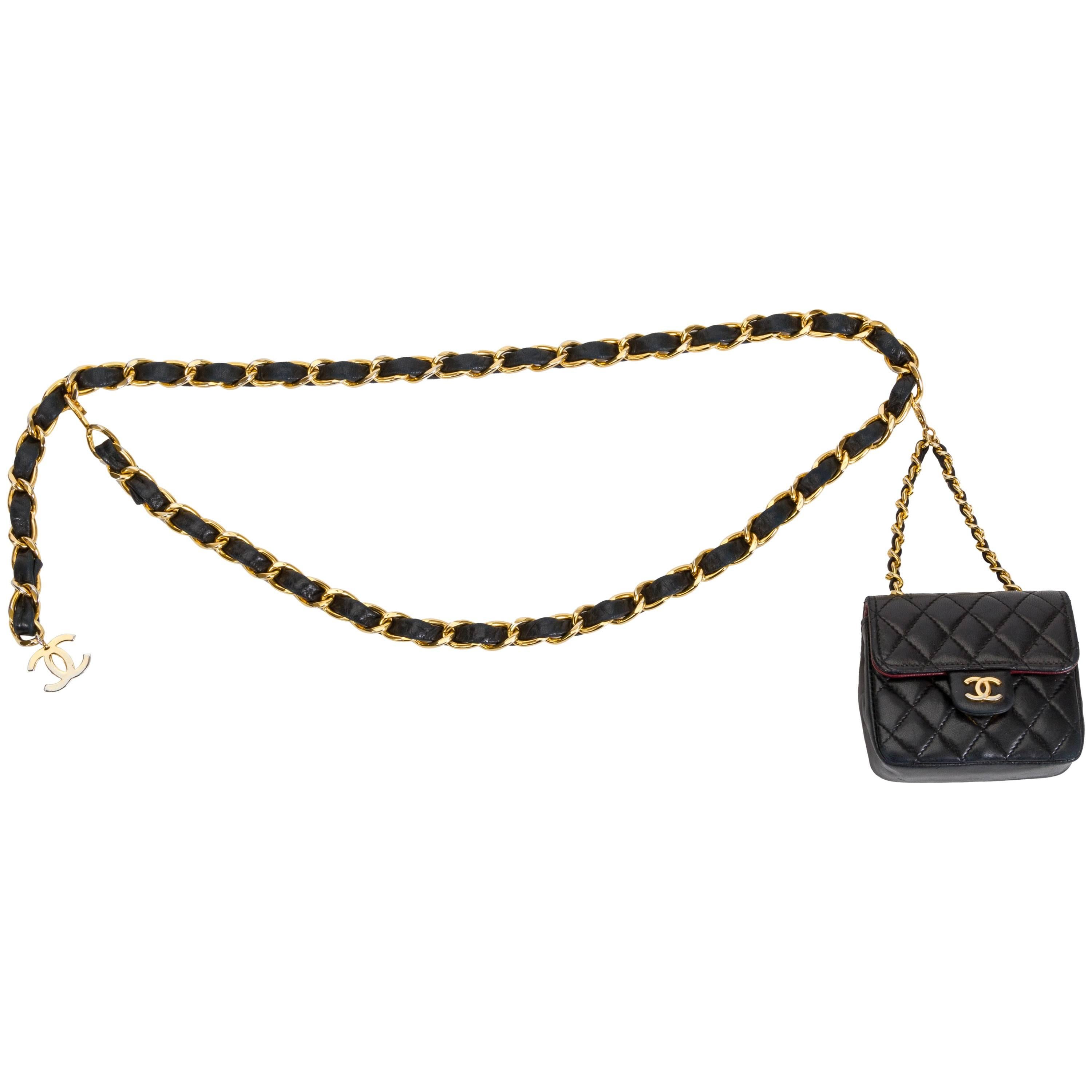 80's Chanel Black Leather Mini Flap Bag Belt