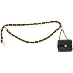 80's Chanel Schwarz Leder Mini Flap Bag Gürtel