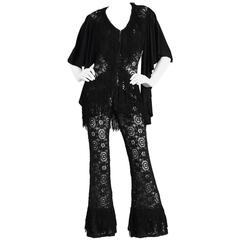 1960s Sheer Black Lace Jumpsuit with Angel Sleeves & Fringe Trim