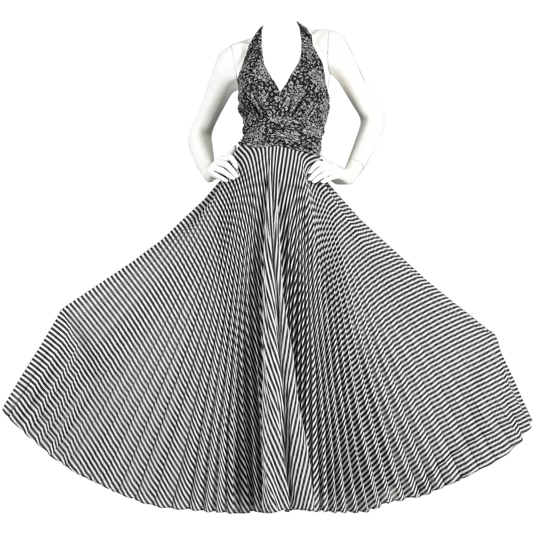 1970s Black & White Graphic Op Art  Floral & Striped Gauze Maxi Dress For Sale