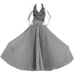 1970s Black & White Graphic Op Art  Floral & Striped Gauze Maxi Dress