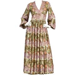 1960s Ethnic Metallic Silk Lamé Maxi Dress