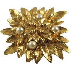 Yves Saint Laurent YSL Vintage signed Pin Brooch floral gilt metal pearl-like