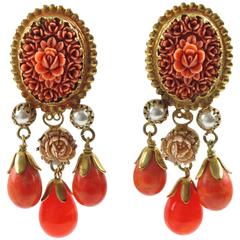 Vintage French Gas St Tropez dangling clip on earrings glass drop faux coral