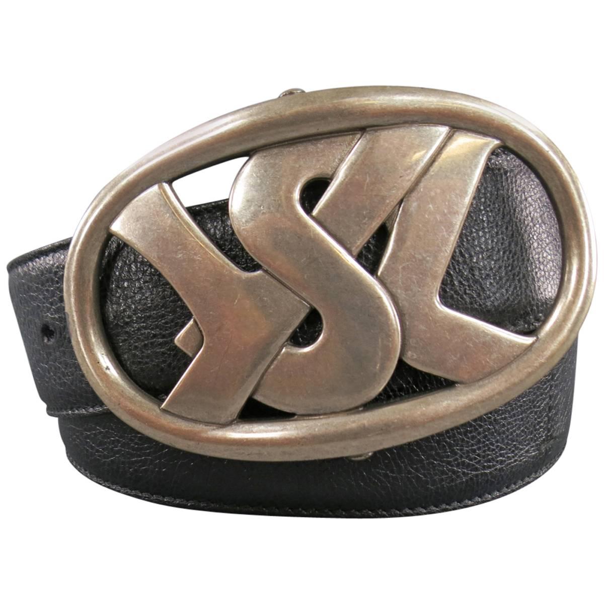 YVES SAINT LAURENT 34 Black Leather Oversized Silver Tone YSL Logo Buckle Belt