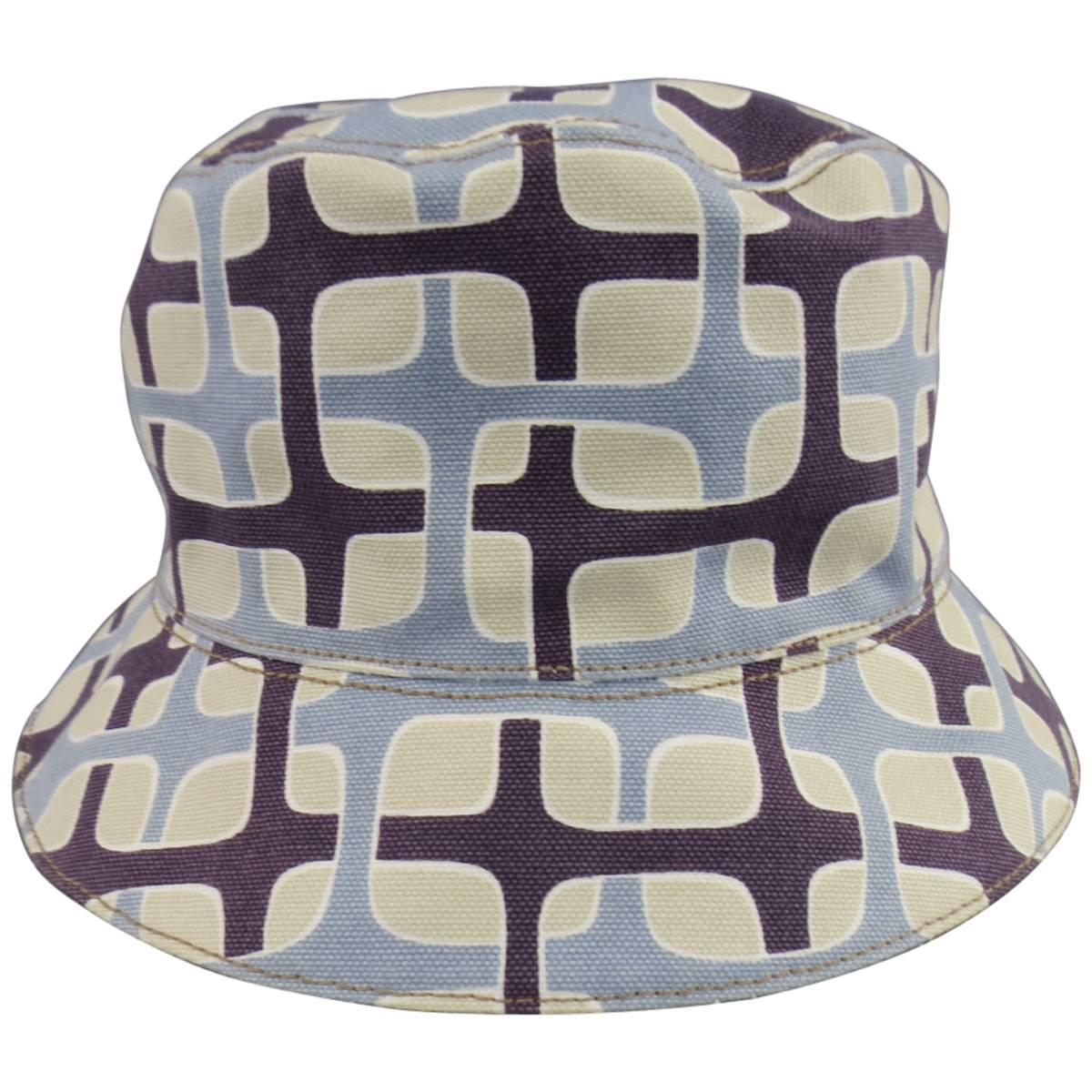 PRADA Size L Light Blue Khaki & Brown Mod Print Canvas Bucket Hat