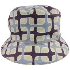 Used PRADA Size L Light Blue Khaki & Brown Mod Print Canvas Bucket Hat