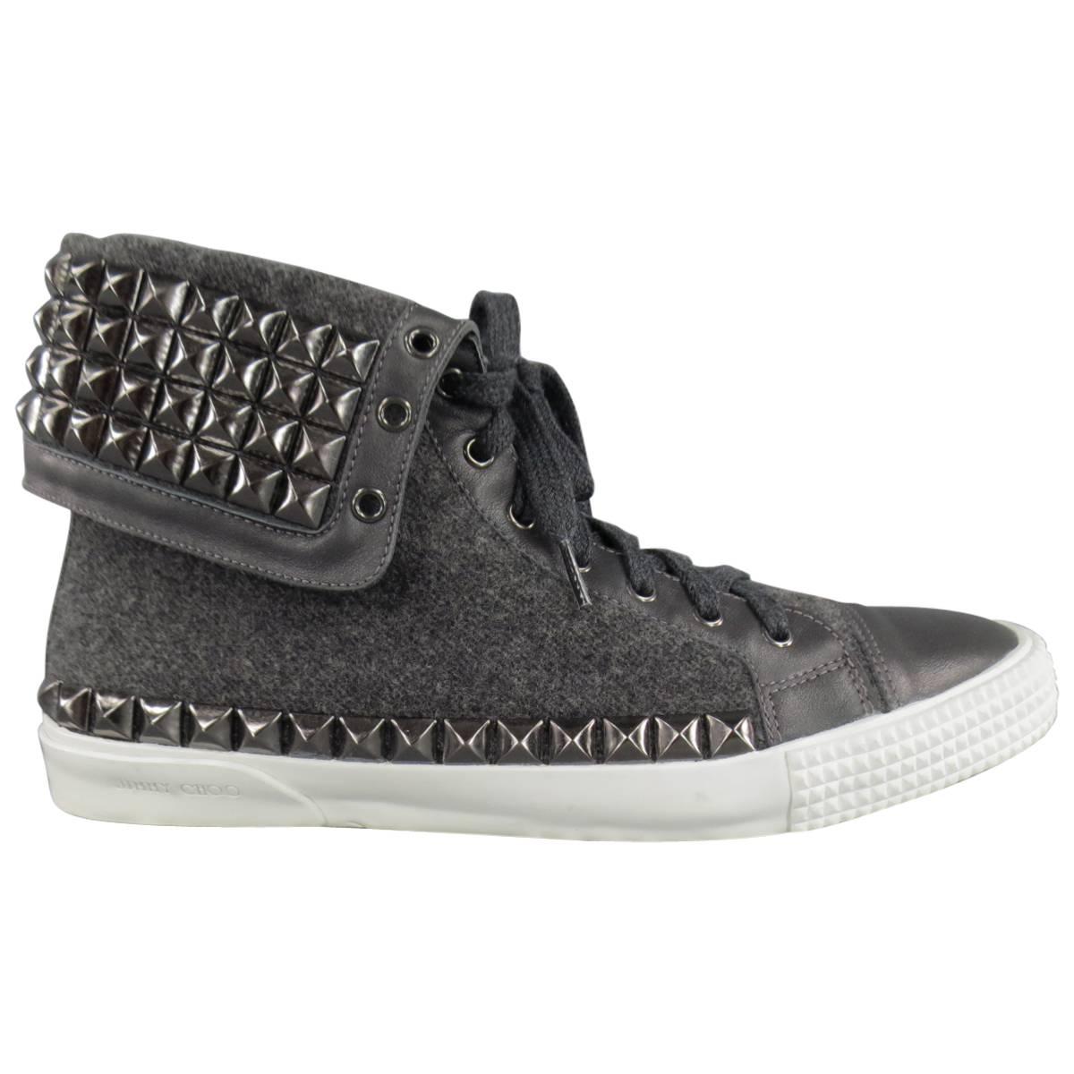 Jimmy Choo Spencer Charcoal Wool Studded Flap High Top Men
s Sneaker, Size 12