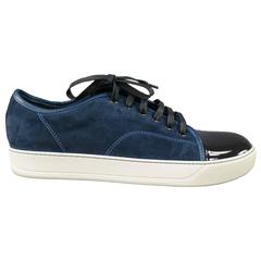 LANVIN Size 11 Navy Blue Suede Charcoal Patent Toe Cap Sneakers