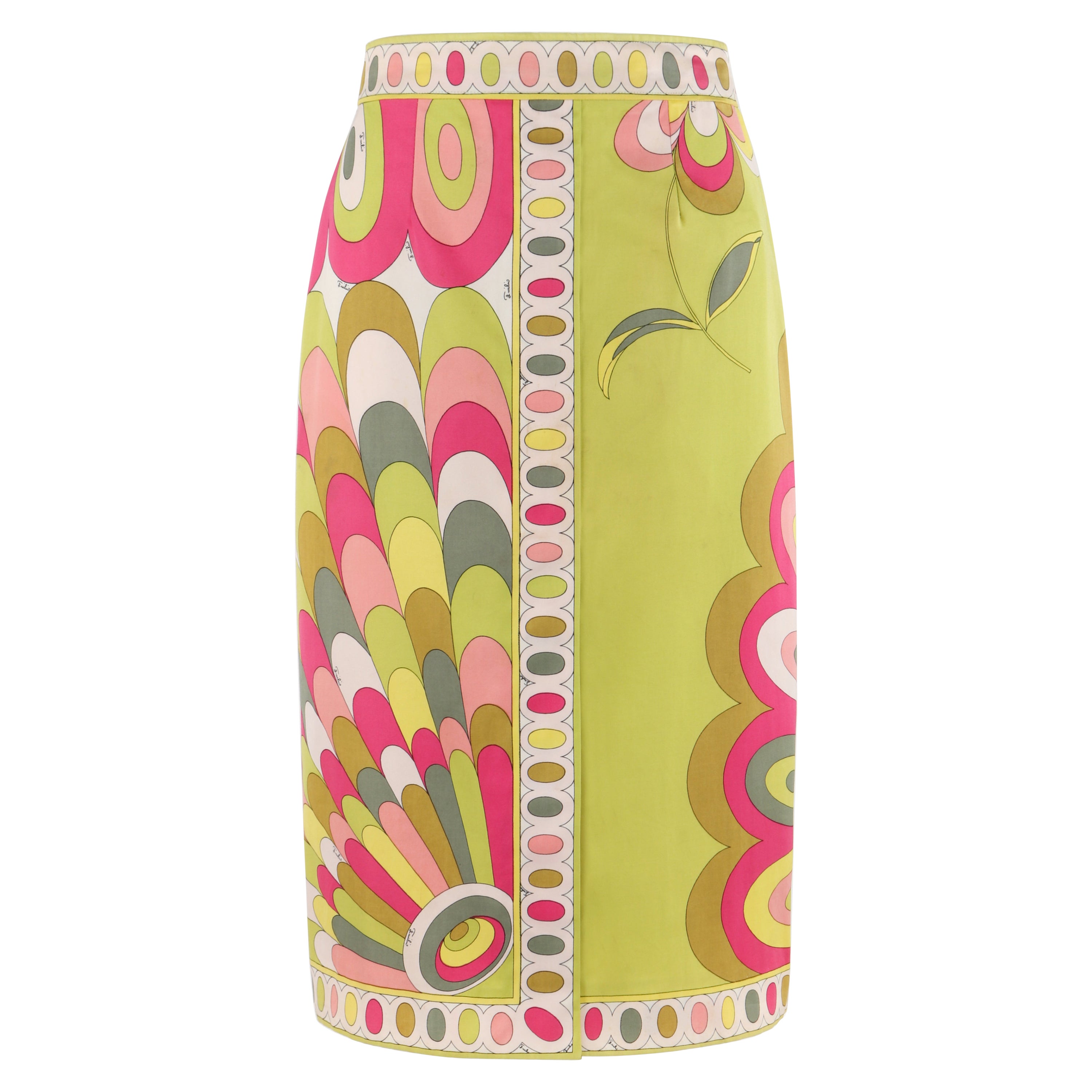 EMILIO PUCCI c.1960's Pink Green Yellow Floral Wavy Print Slit Pencil Midi Skirt For Sale