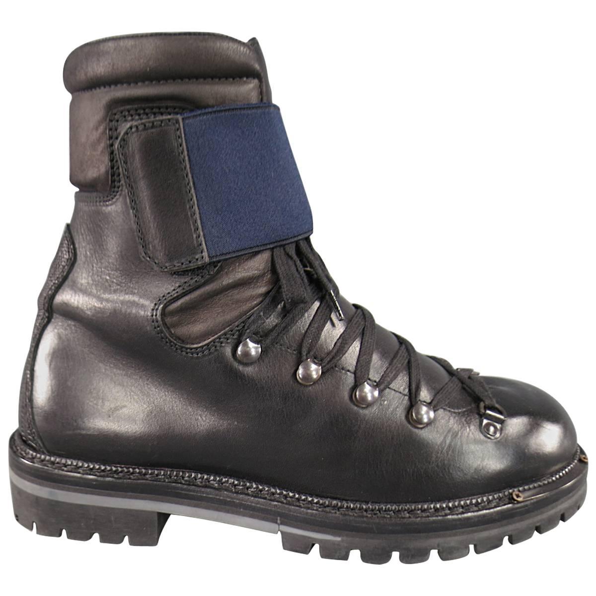 LANVIN Size 8 Black Leather Navy Strap Tall Mountain Boots