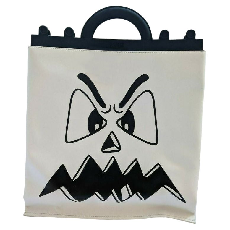 SS20 Moschino Couture Jeremy Scott Ghost Pumpkin Face White Leather Shopper Toc For Sale