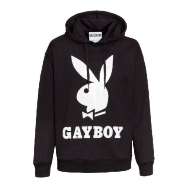 AW19 Moschino Couture Jeremy Scott Playboy Gayboy Black Hooded Sweatshirt 52 IT For Sale