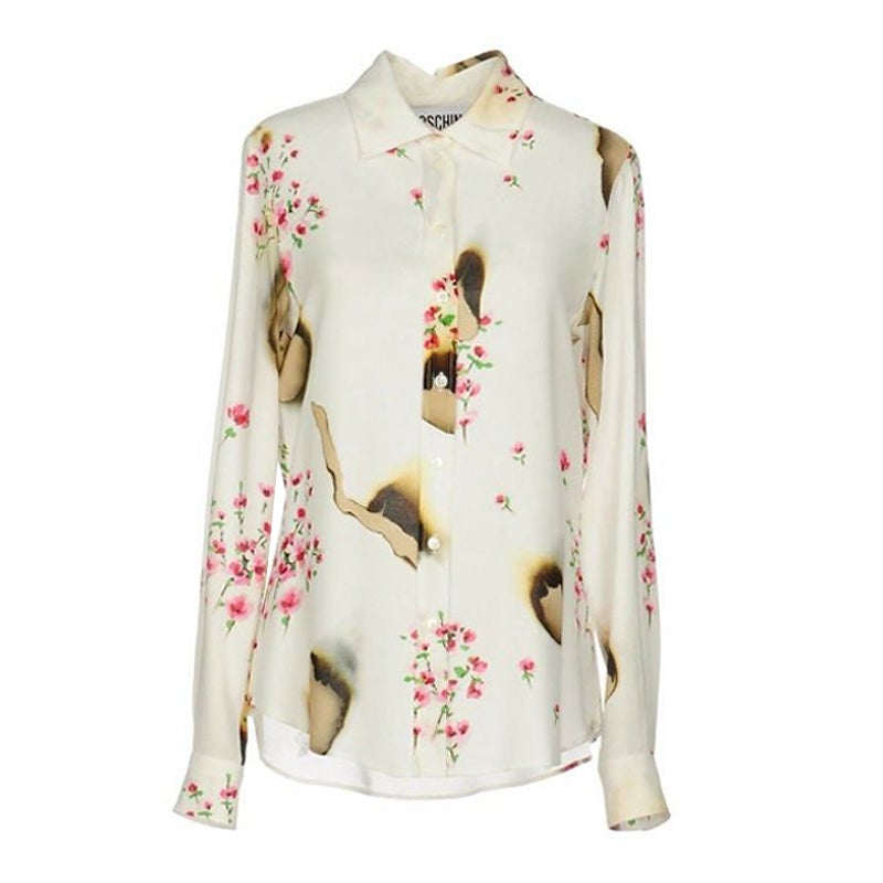 AW16 Moschino Couture Jeremy Scott Fashion Kills Floral Burnt Effect Silk Blouse For Sale